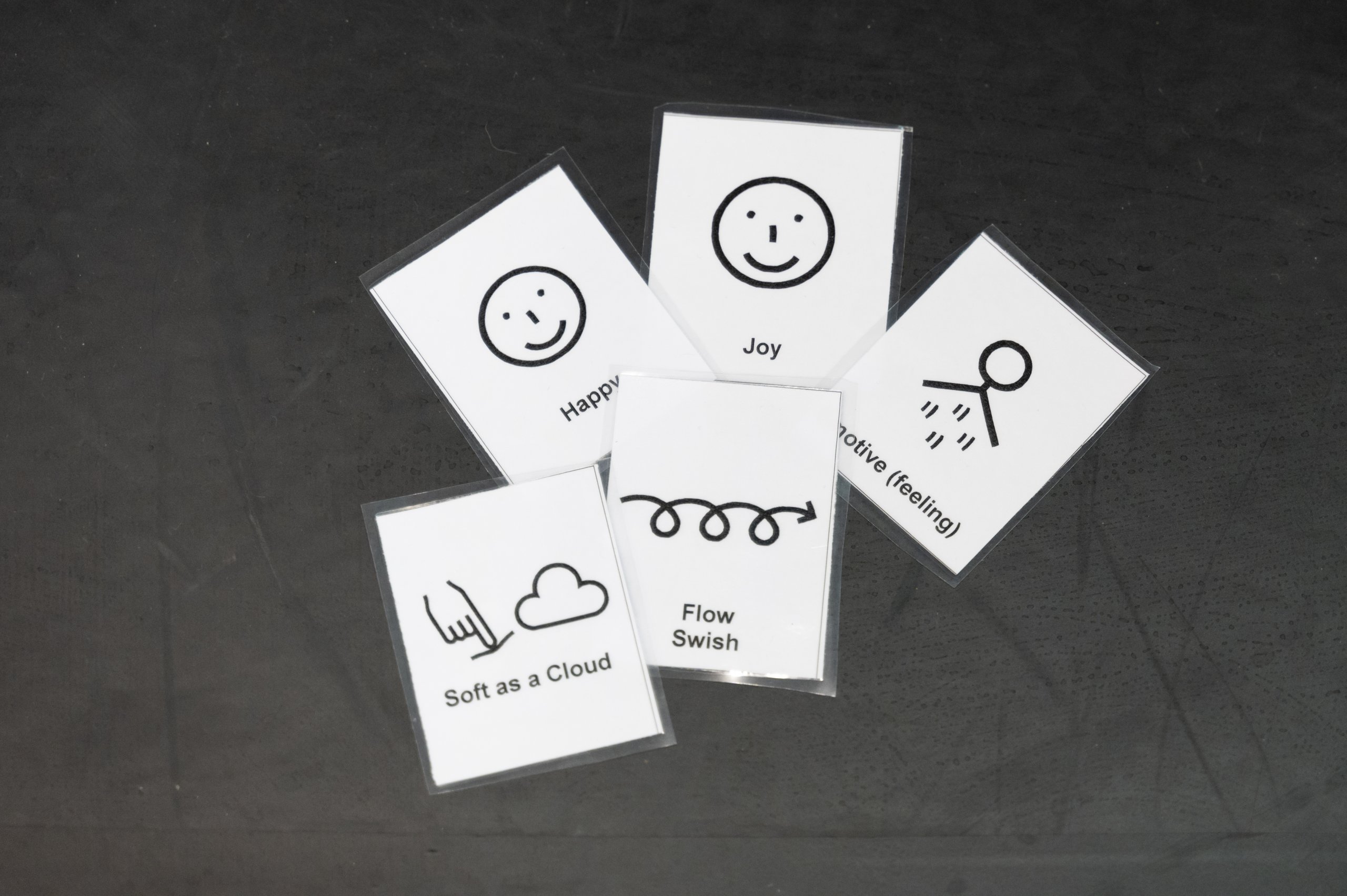 Five Makaton symbol cards with symbols for: 'Soft as a cloud', 'Happy', 'Joy', 'Flow Swish', 'Emotive (feeling) 