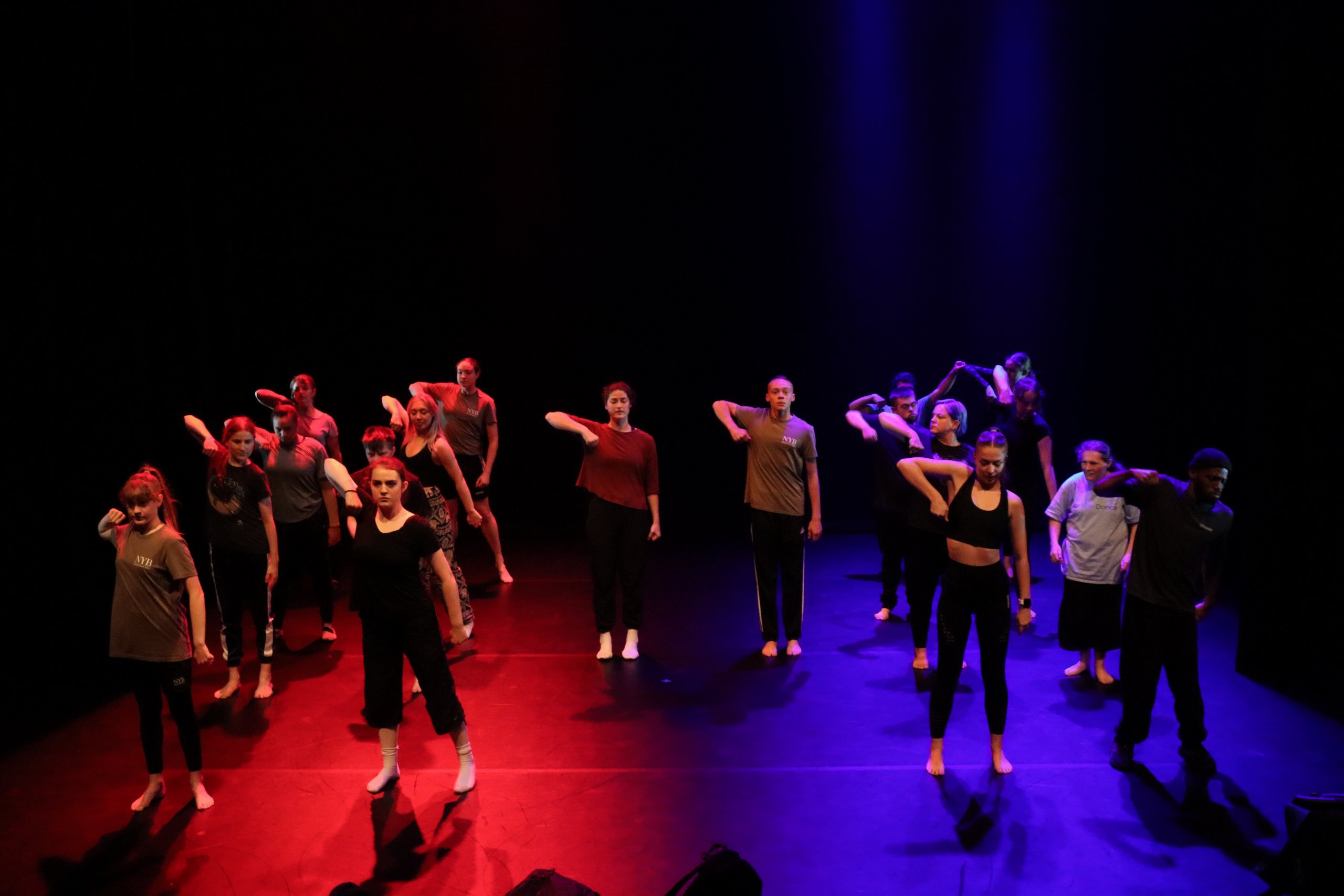 The entire company on stage, half are lit in red lighting and half in blue lighting, everyone is reaching their elbow upwards. 